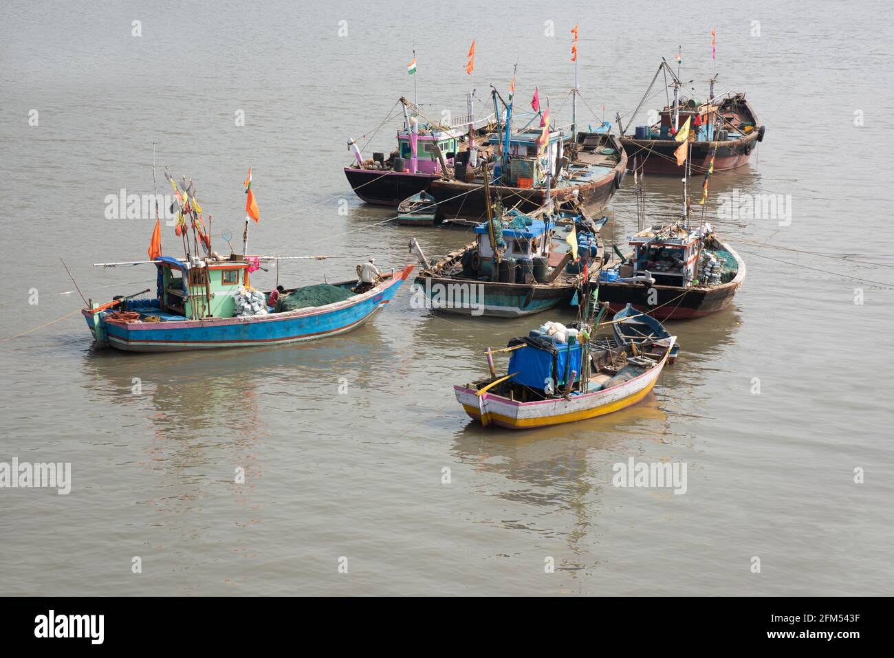 Anchored fishing boats, Harnai Port, Konkan, Maharashtra, India Stock Photo