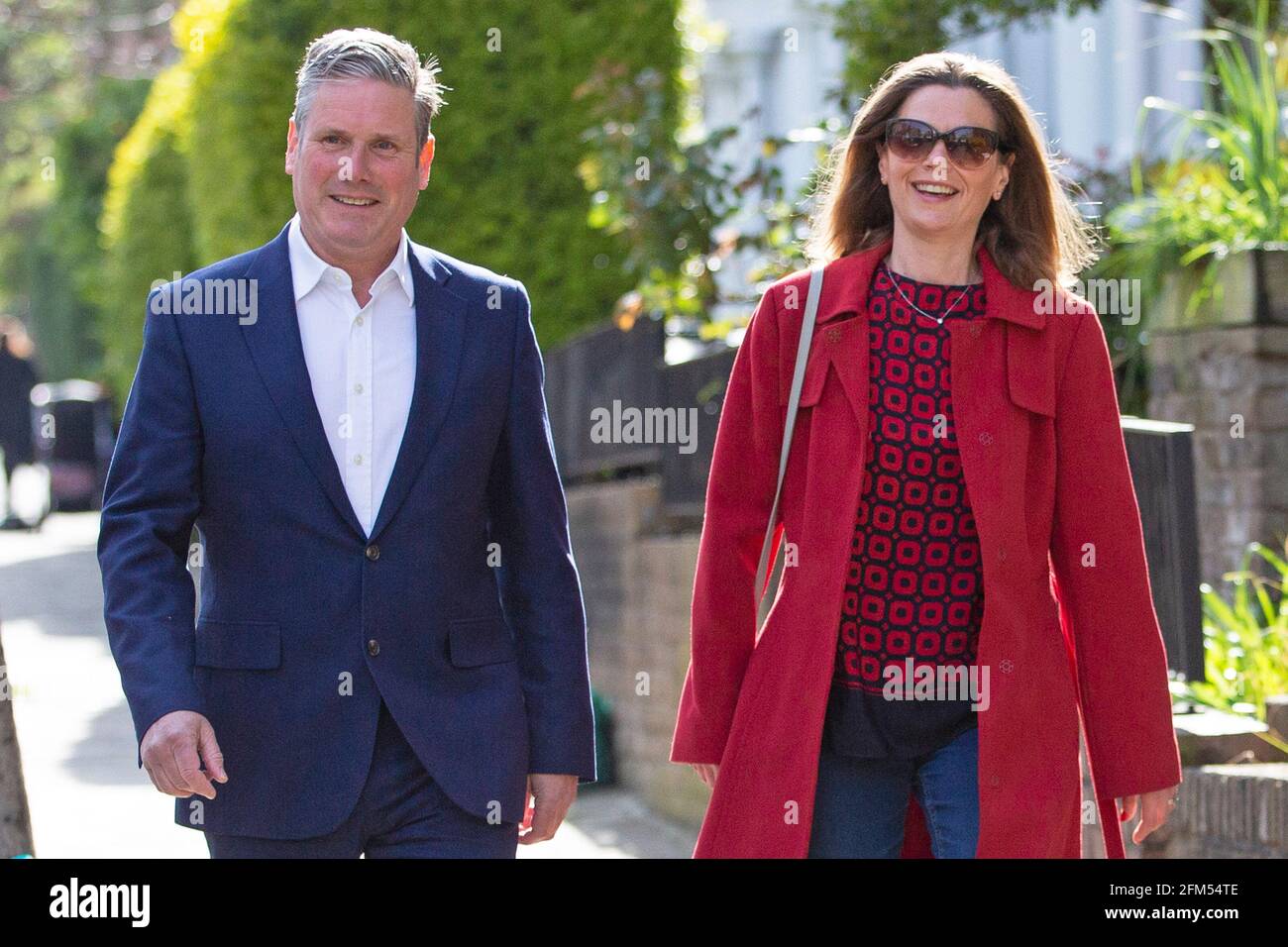 Labour Leader Sir Keir Starmer and wife Victoria leave walk to their local Polling Station on the 6th of May 2021, in North London, UK Stock Photo