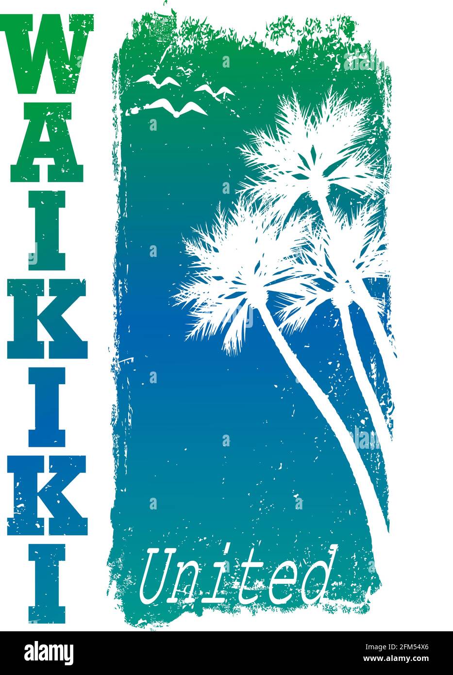 Hawaii Waikiki tee print with palm trees. T-shirt design, graphics, stamp, label, typography Stock Vector