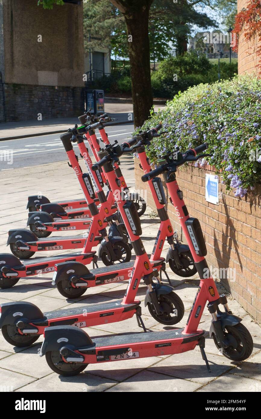 Voi e-scooters wating for hire Stock Photo