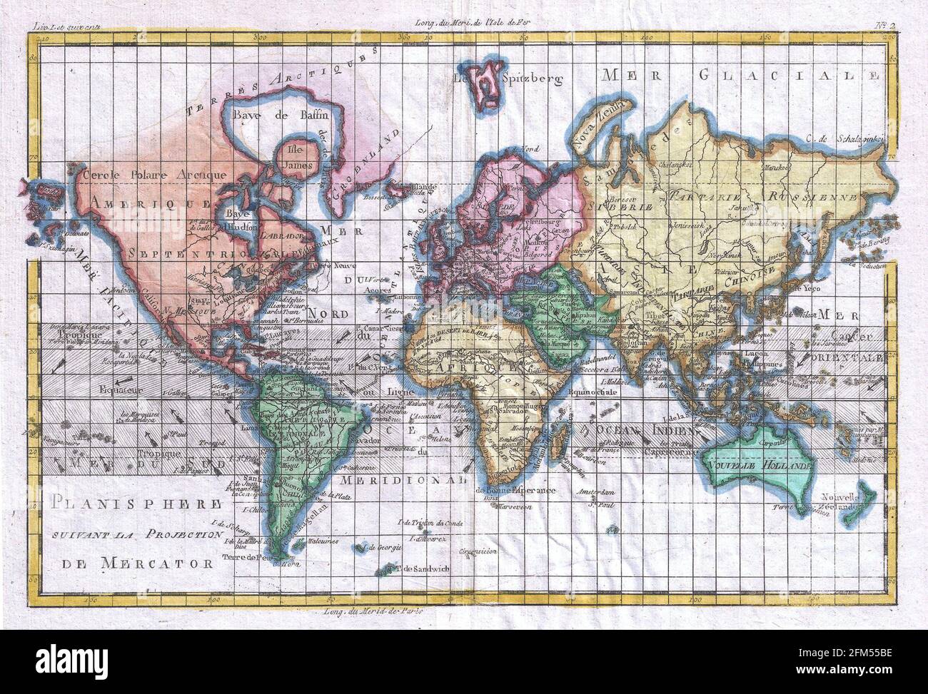 Vintage copper engraved map of the World from 18th century. All maps are beautifully colored and illustrated showing the world at the time. Stock Photo