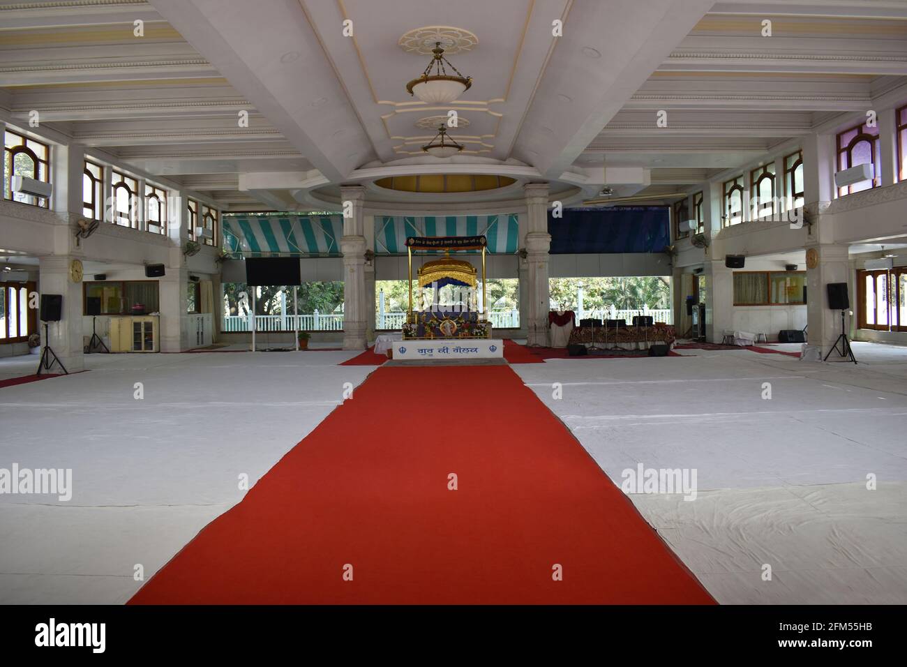 Inside view of Darbar Sahib or main hall , Guru Nanak Darbar Gurudwara. Cantonment area of Pune, Maharashtra, India Stock Photo