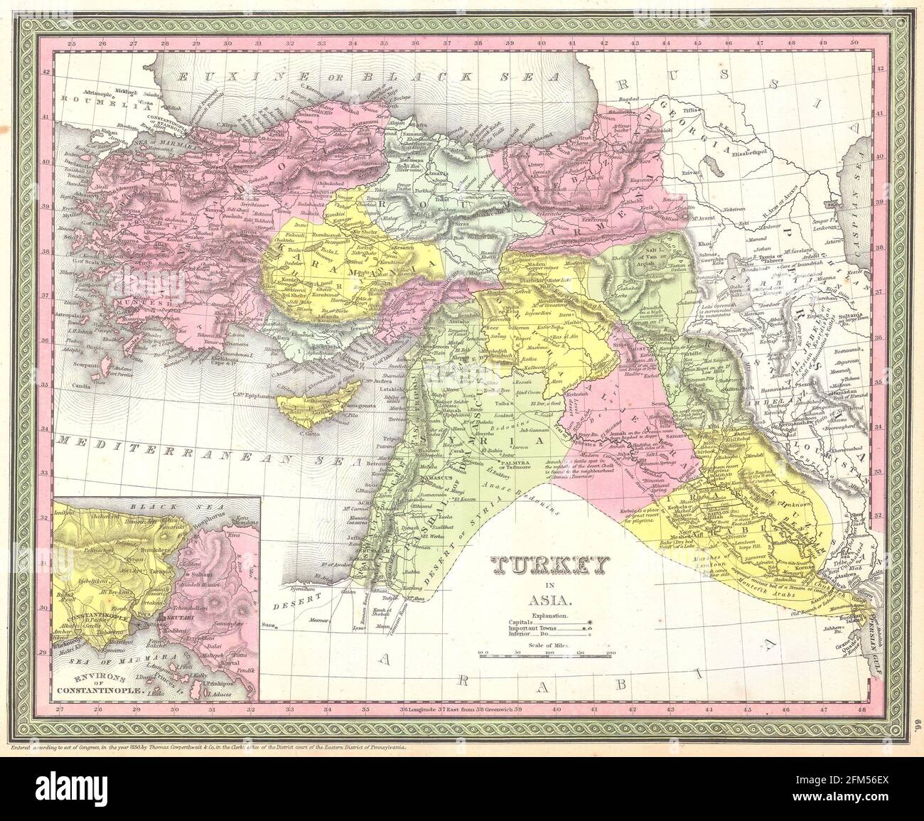 Vintage copper engraved map of Turkey from 19th century. All maps are beautifully colored and illustrated showing the world at the time. Stock Photo