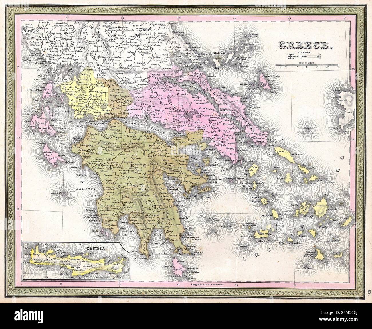 Vintage copper engraved map of Greece from 19th century. All maps are beautifully colored and illustrated showing the world at the time. Stock Photo