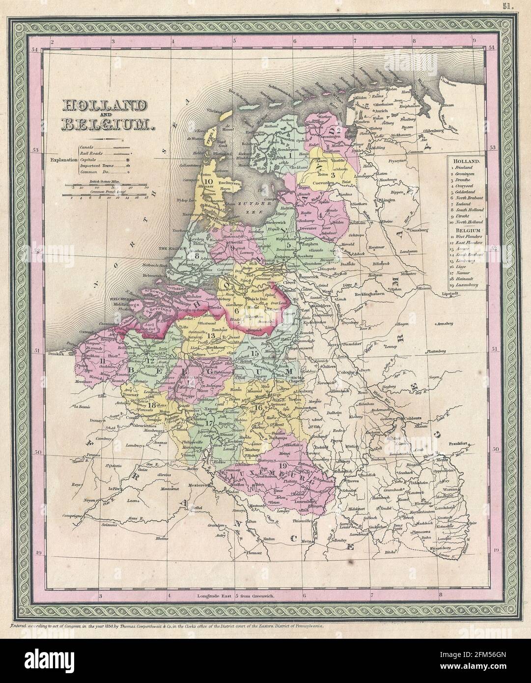 Vintage copper engraved map of Holland from 19th century. All maps are beautifully colored and illustrated showing the world at the time. Stock Photo