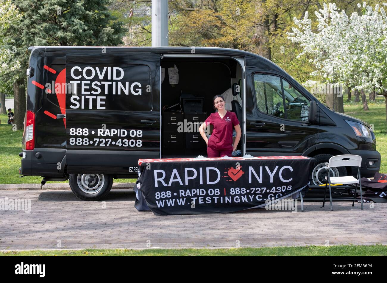 A Rapid NYC covid testing truck parked in Flushing Meadows Corona Park