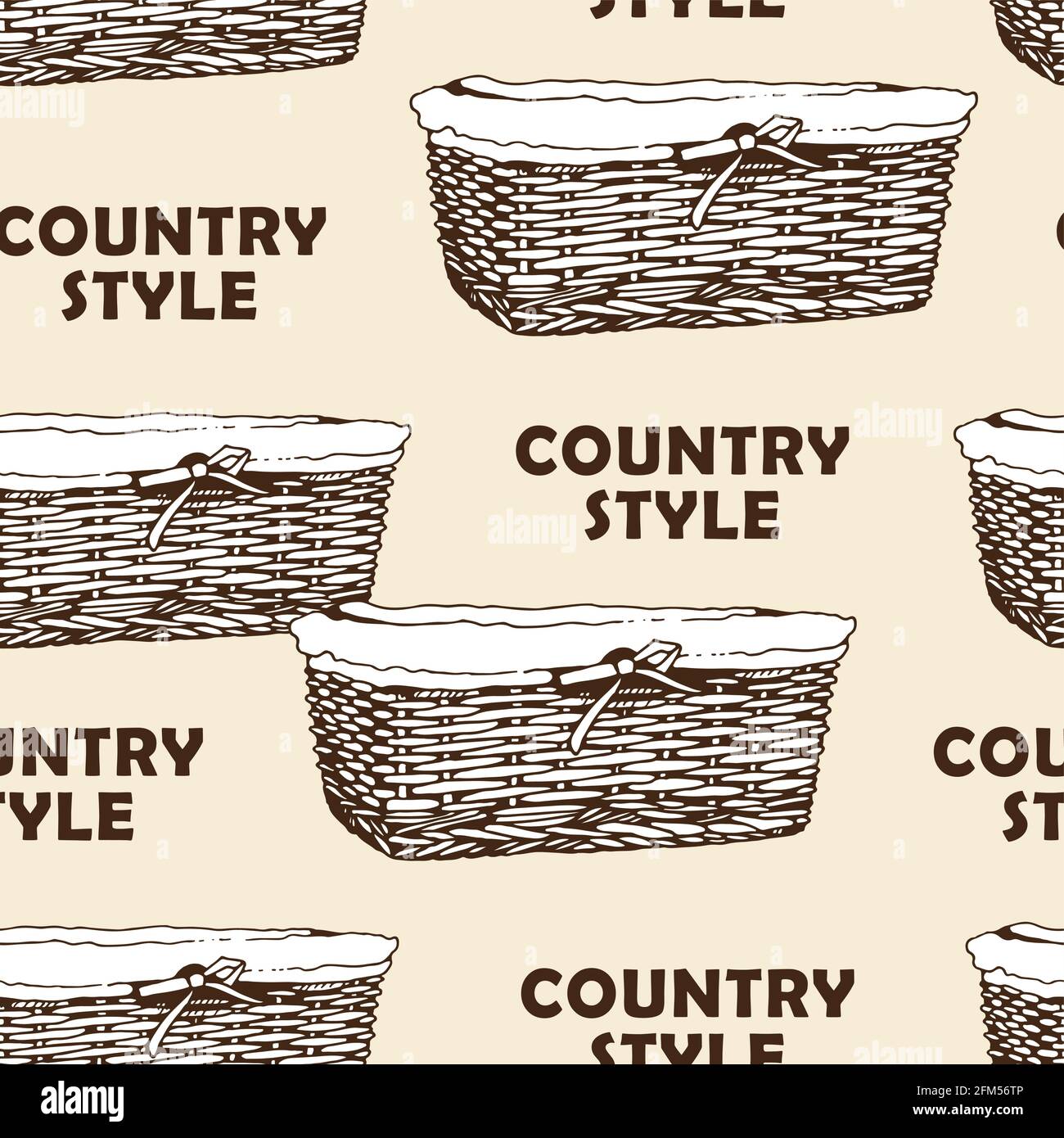 Wicker basket sketch vector seamless pattern, hand drawn square basket isolated on white background Stock Vector