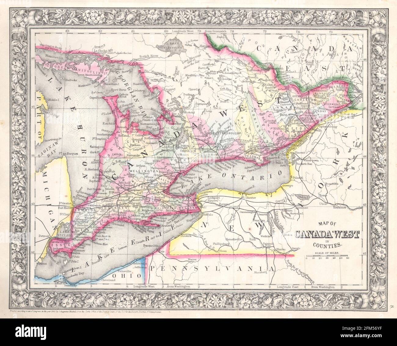 Vintage copper engraved map of Ontario from 19th century. All maps are