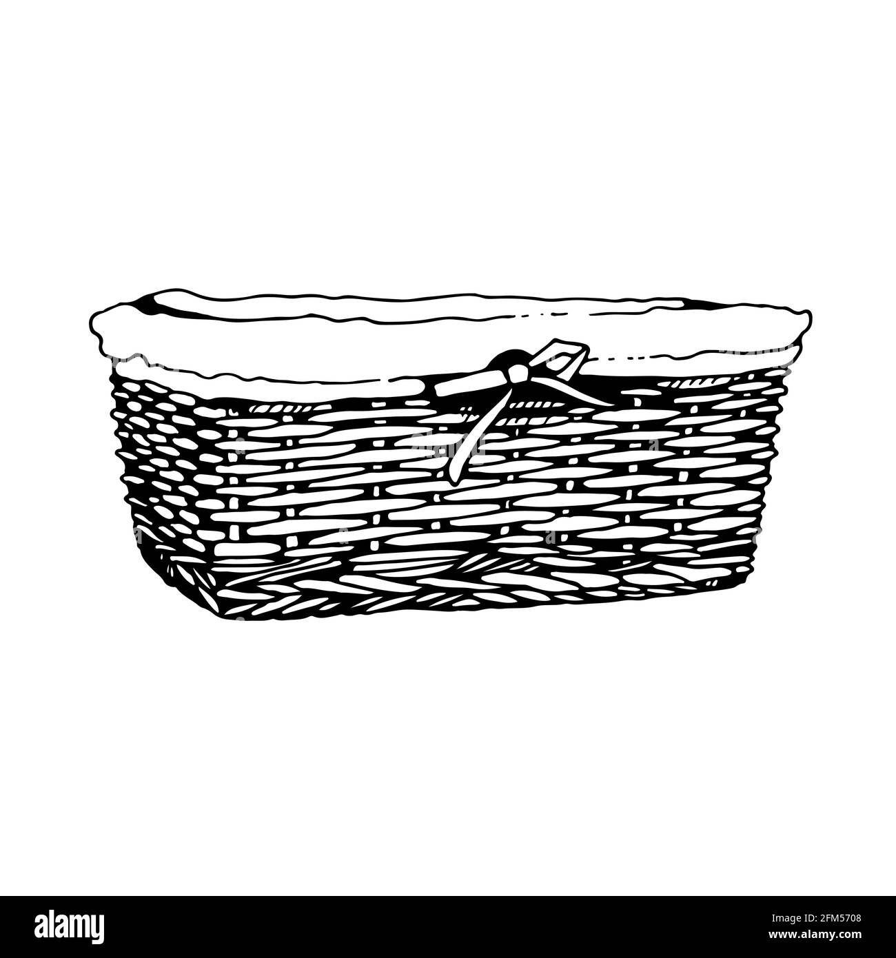 Wicker basket vector sketch, hand drawn square basket isolated on white background Stock Vector