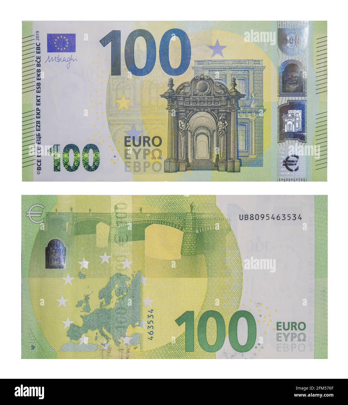New 100 Euro banknotes (2019), Front and back side Stock Photo