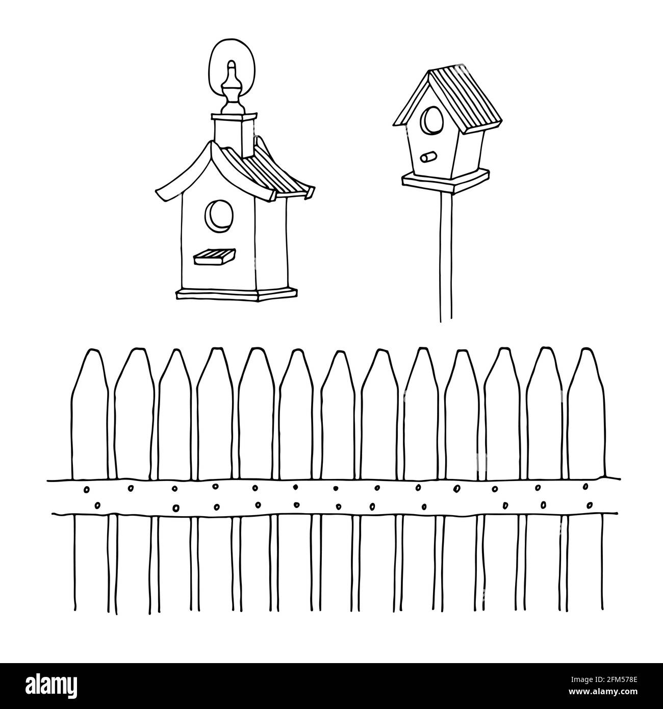 Fence and birds feeders vector illustration, hand drawn sketch isolated on white background Stock Vector