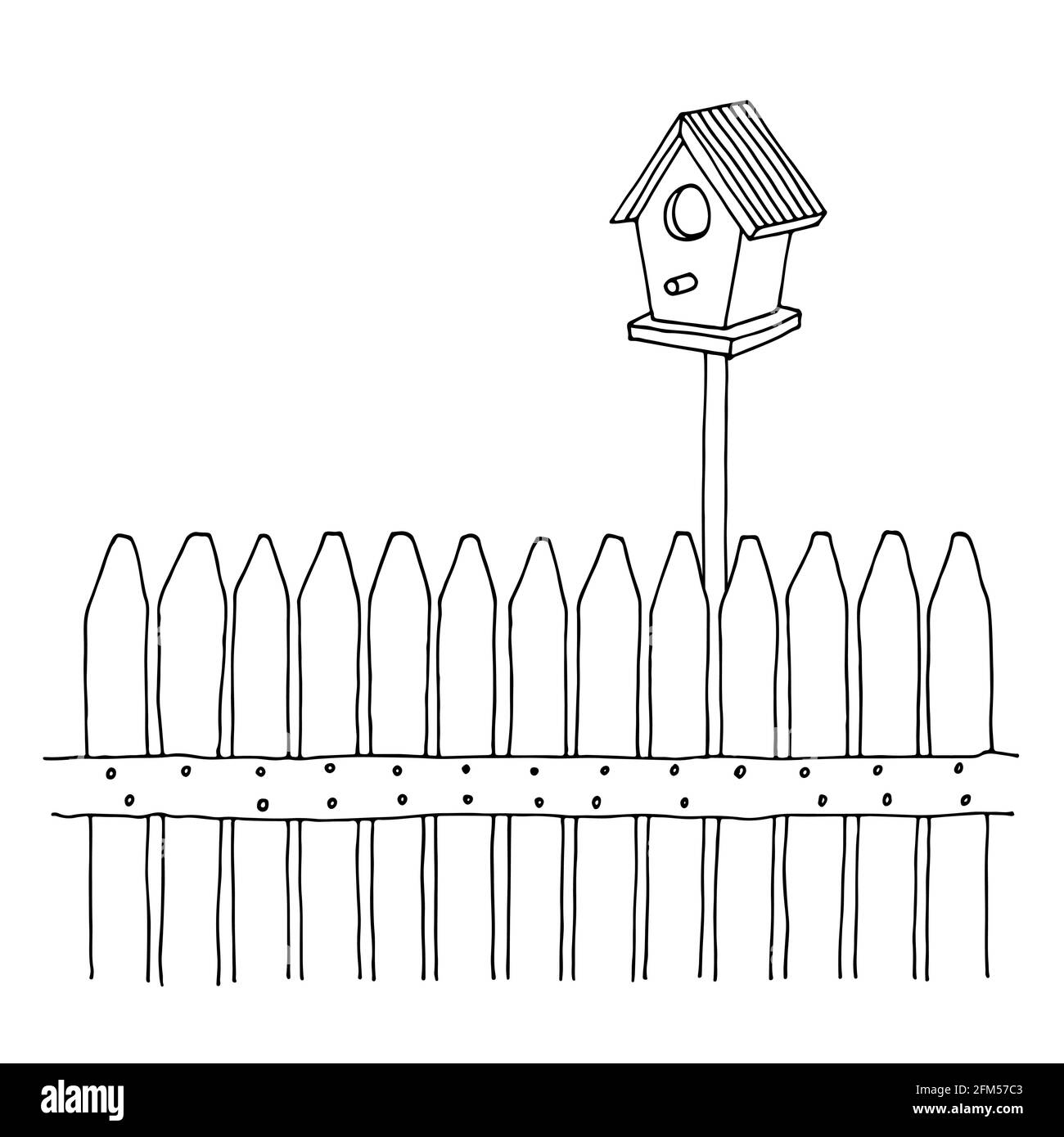 Fence and birds feeders vector illustration, hand drawn sketch isolated on white background Stock Vector