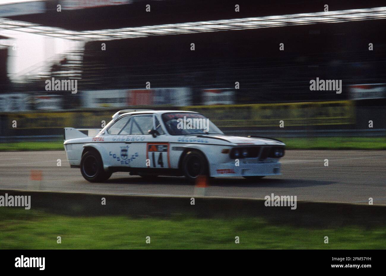 The Fitzpatrick - Lafosse - Carlier BMW 3.0 CSL at speed during the 1976 ETCC Tourist Trophy race at Silverstone. Stock Photo