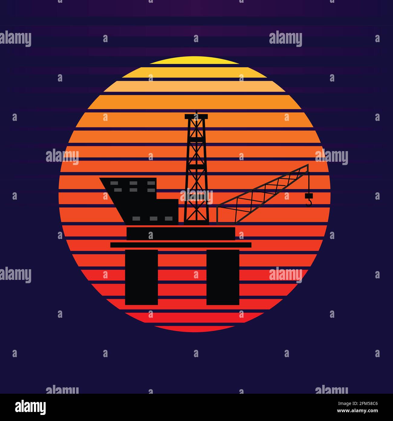 Vector of offshore oil platform on sunset background. Oil and gas company silhouette logo illustration design Stock Vector