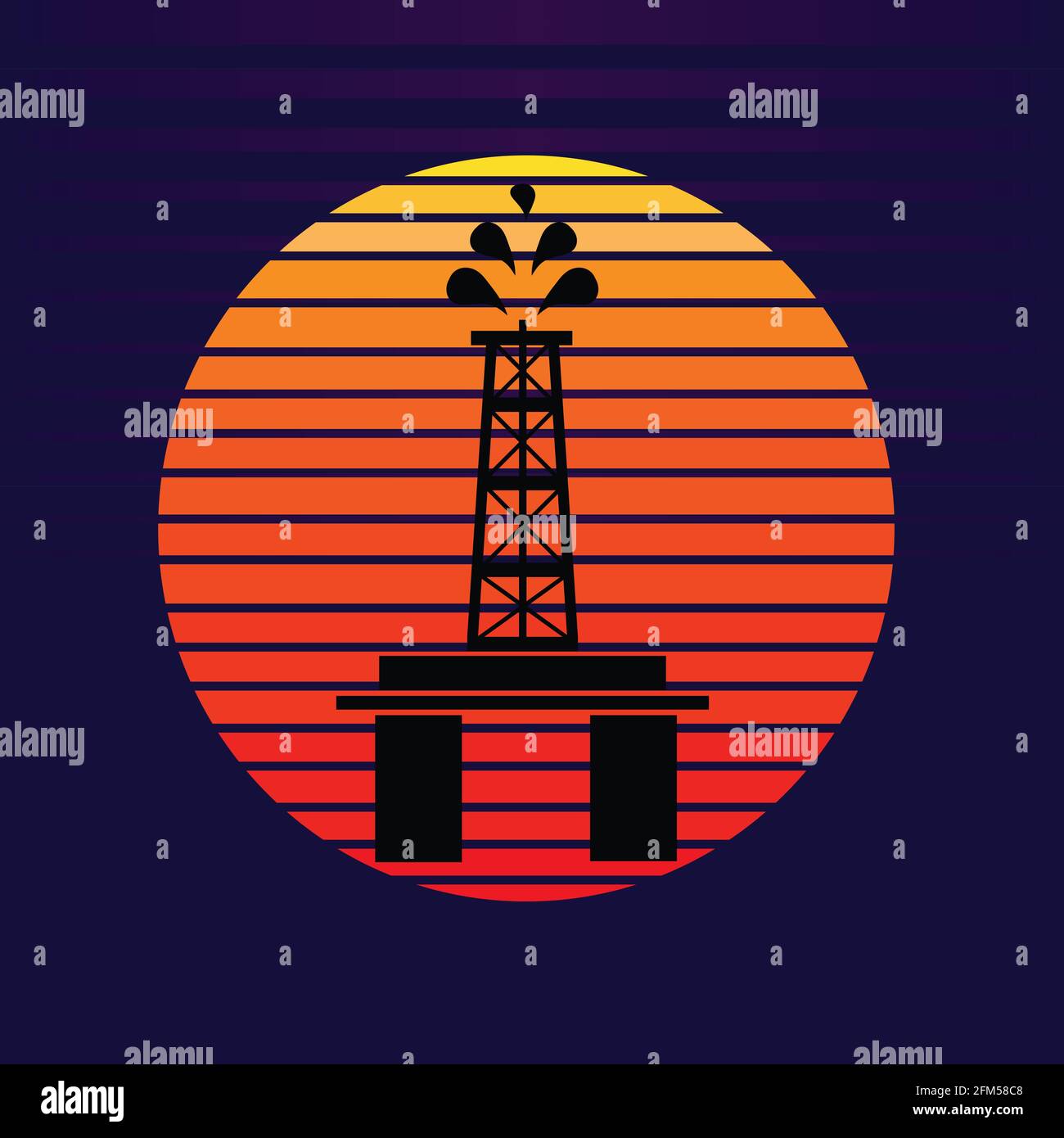 Vector of offshore oil platform on sunset background. Oil and gas company silhouette logo illustration design Stock Vector