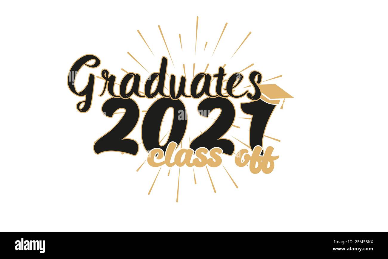 Congratulation graduation wishes lettering. Retro graduate class of 2021 badges. Hand drawn emblem with sunburst, hat Stock Vector
