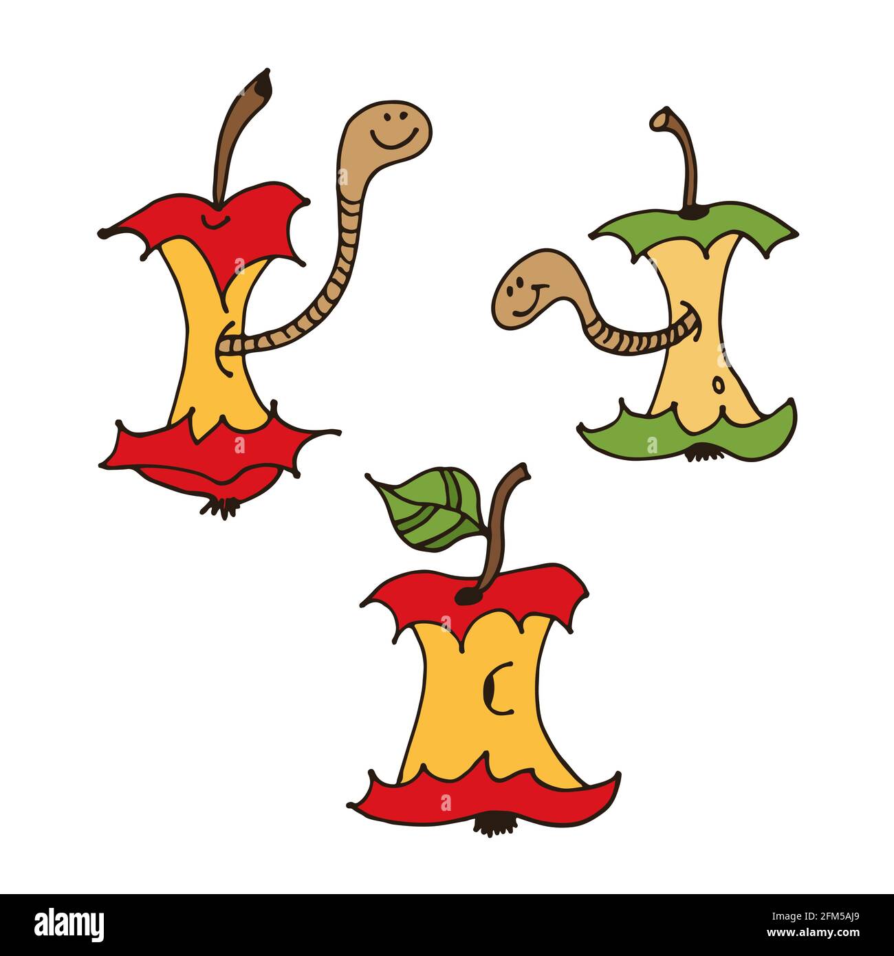 Cartoon worms in apple core, hand drawn vector illustration isolated on