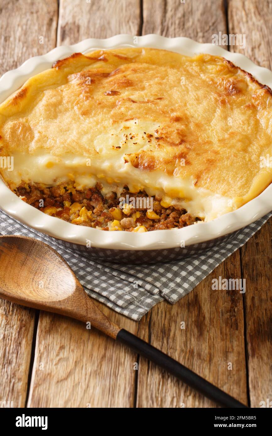 Pate chinois is a French Canadian dish similar to the English shepherd's pie it is a traditional recipe in both Quebec cuisine closeup in the baking d Stock Photo