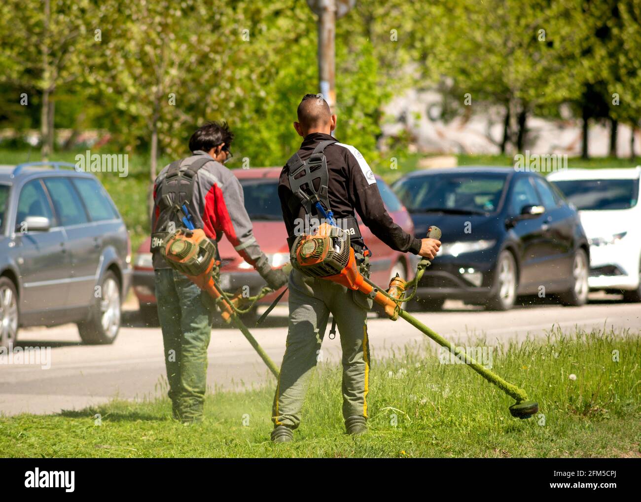 Lawn mower workers. Rear view of council workers cutting grass with Husqvarna trimmers in Sofia, Bulgaria, Eastern Europe, EU Stock Photo