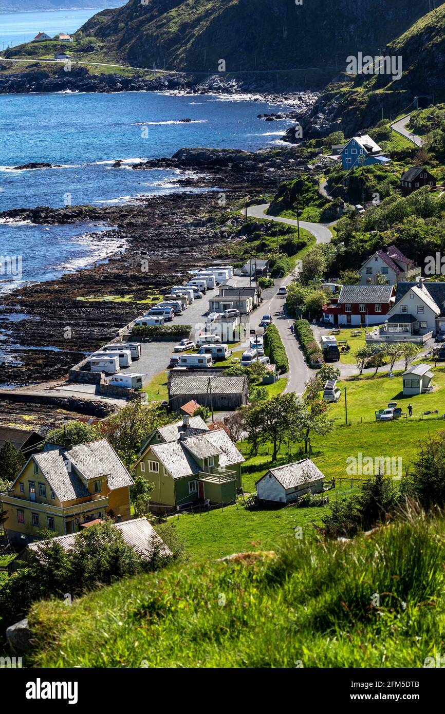End of the road, and camping place and some farm houses on the small Runde bird island, on the west coast of Norway. Stock Photo