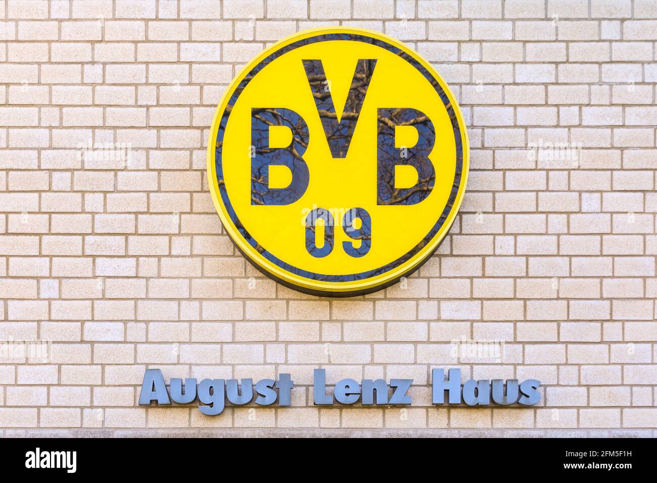 BVB 09 Borussia Dortmund football club logo, August Lenz Haus at Signal Iduna Park  stadium, Germany Stock Photo