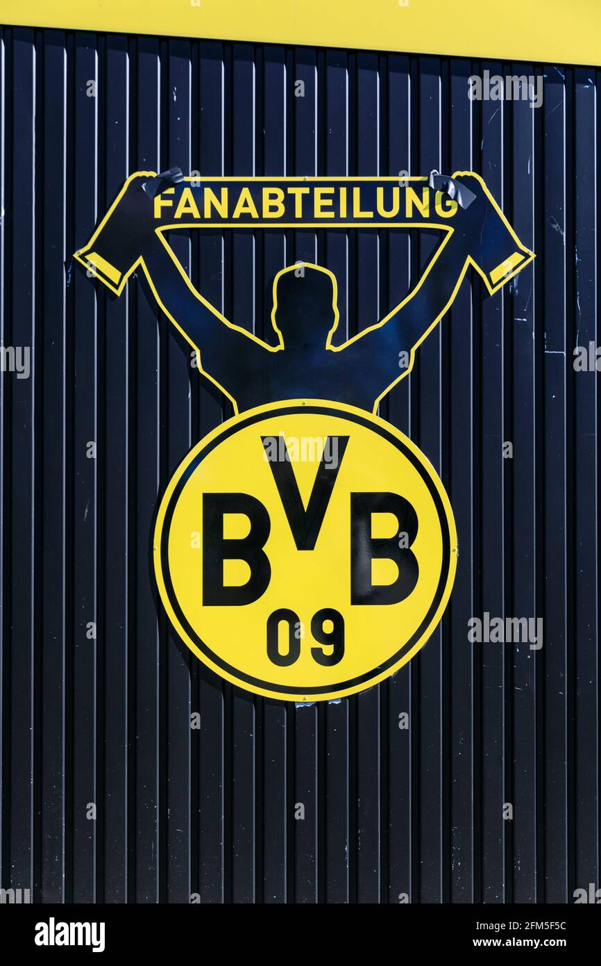 BVB 09 Borussia Dortmund football club logo, Fanabteilung at Signal Iduna Park Borussia Dortmund stadium, Germany Stock Photo