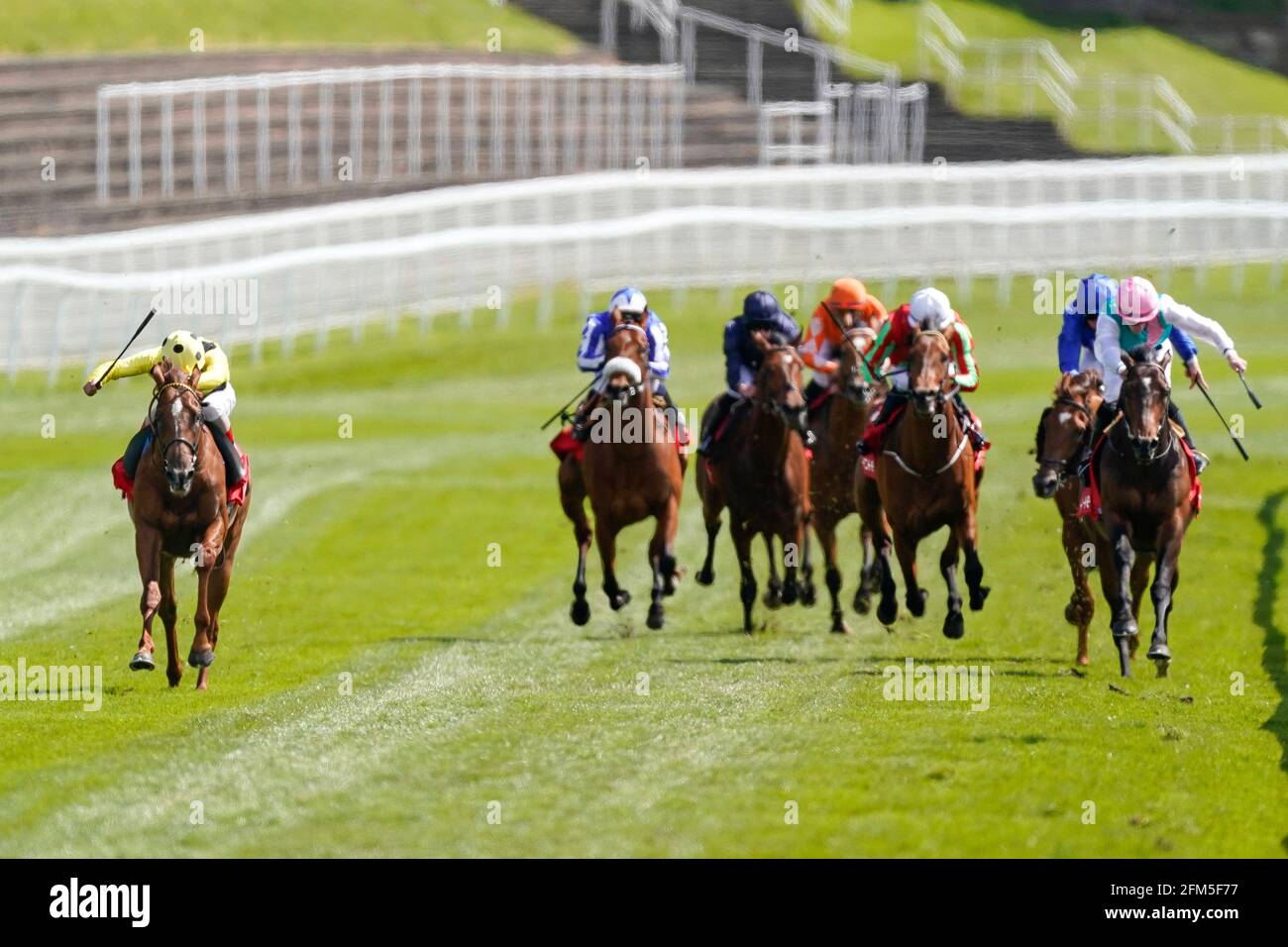 El Drama ridden by Andrea Atzeni (left) on their way to winning the tote+ Biggest Dividends At tote.co.uk Dee Stakes during Ladies Day of the Boodles May Festival 2021 at Chester Racecourse. Picture date: Thursday May 6, 2021. See PA story RACING Chester. Photo credit should read: Alan Crowhurst/PA Wire. RESTRICTIONS: Use subject to restrictions. Editorial use only, no commercial use without prior consent from rights holder. Stock Photo