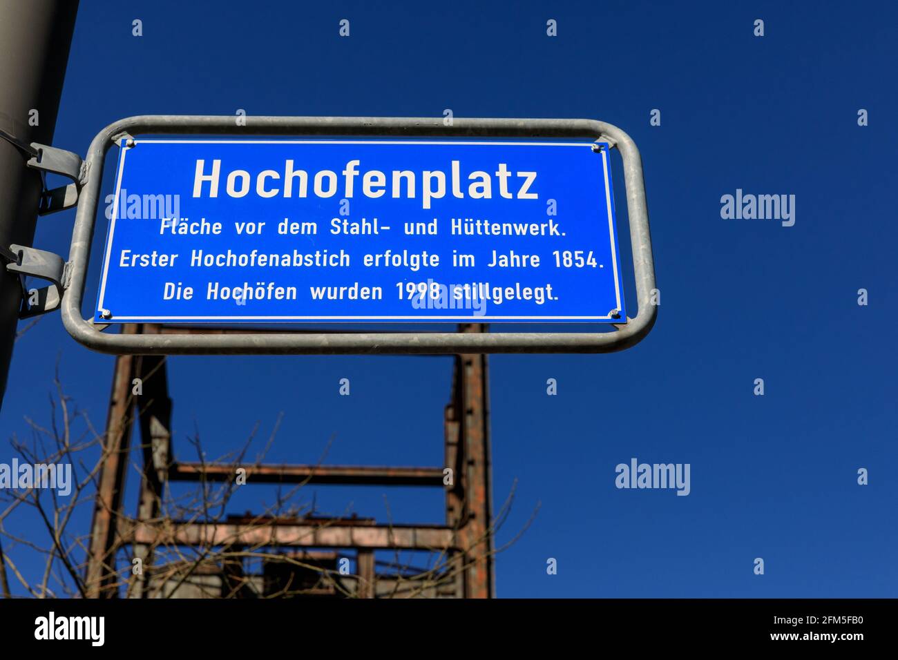 Hochofenplatz, sign illustrating the historic site of the former ThyssenKrupp steelworks at Phoenix West, Dortmund, Germany Stock Photo