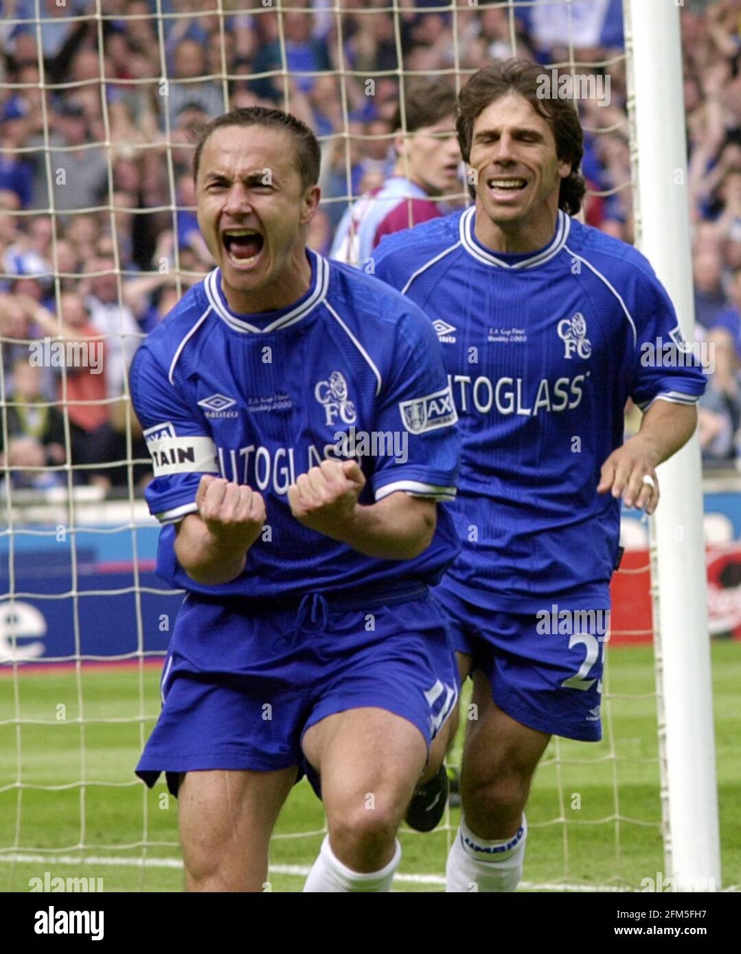 Dennis Wise Football player of Chelsea, May 2000 celebrates with Gianfranco  Zola, before realising his goal is ruled offside, against Aston Villa in  the FA Cup Final at Wembley Stadium. Chelsea won