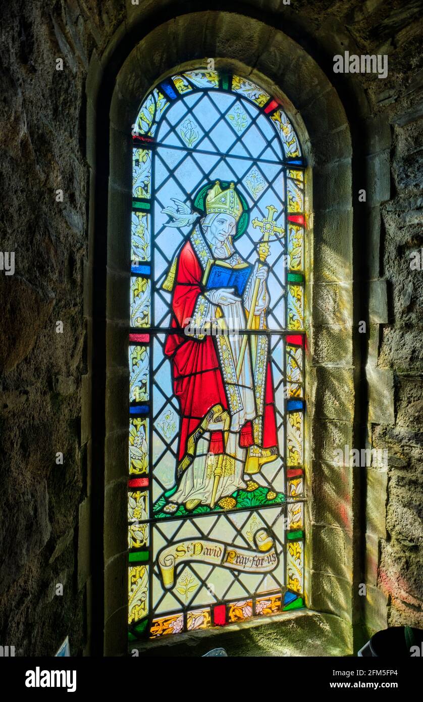 Stained glass window of St David at St Non's Chapel, near St David's