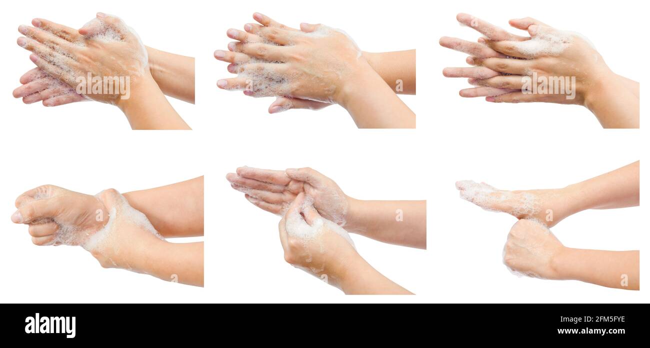 Hand washing medical procedure step by step. Isolated on white background. Stock Photo