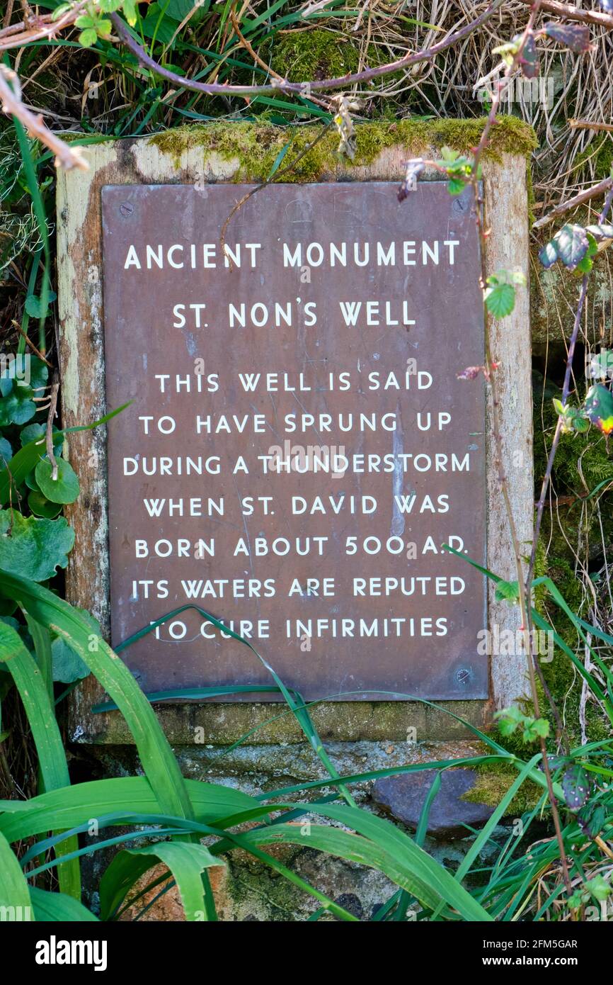 Plaque at St Non's Well, near St Non's Chapel, St David's, Pembrokeshire, Wales Stock Photo
