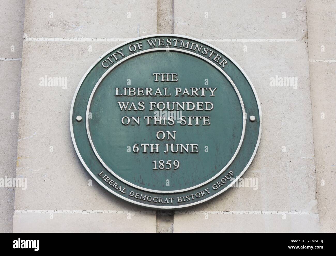 Green Liberal Party formation plaque on wall, King Street, St James's, City of Westminster, Greater London, England, United Kingdom Stock Photo