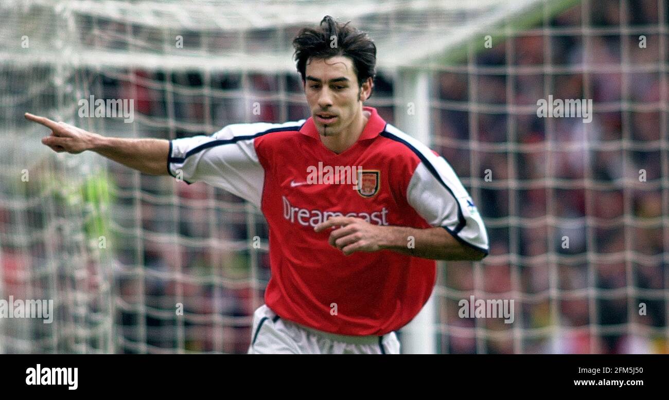 Arsenal v Tottenham Hotspur FA Cup Semi Final April 2001 Robert Pires celebrates scoring  during the match at Old Trafford. Arsenal won 2-1 and face Liverpool in the final Stock Photo