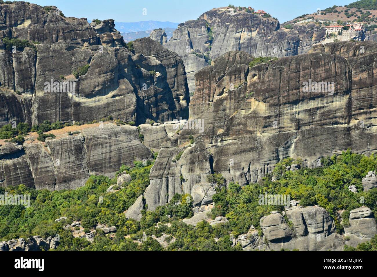 Spectacular panoramic landscape with sandstone rock formations created during the Paleogene Period in Meteora, Kalambaka Thessaly, Greece. Stock Photo
