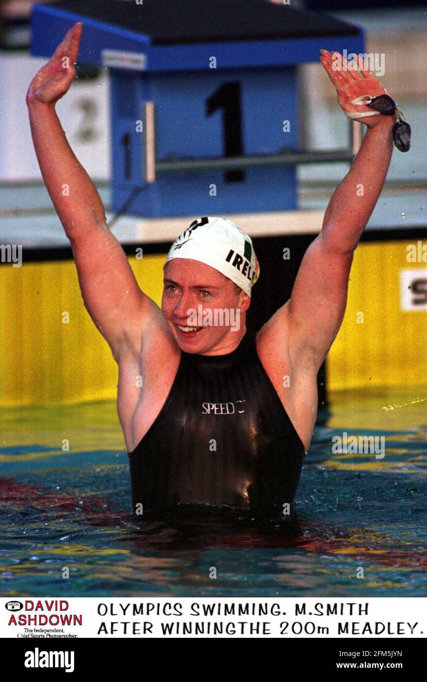 Michelle Smith Swimmer from Ireland waves to the crowd after winning