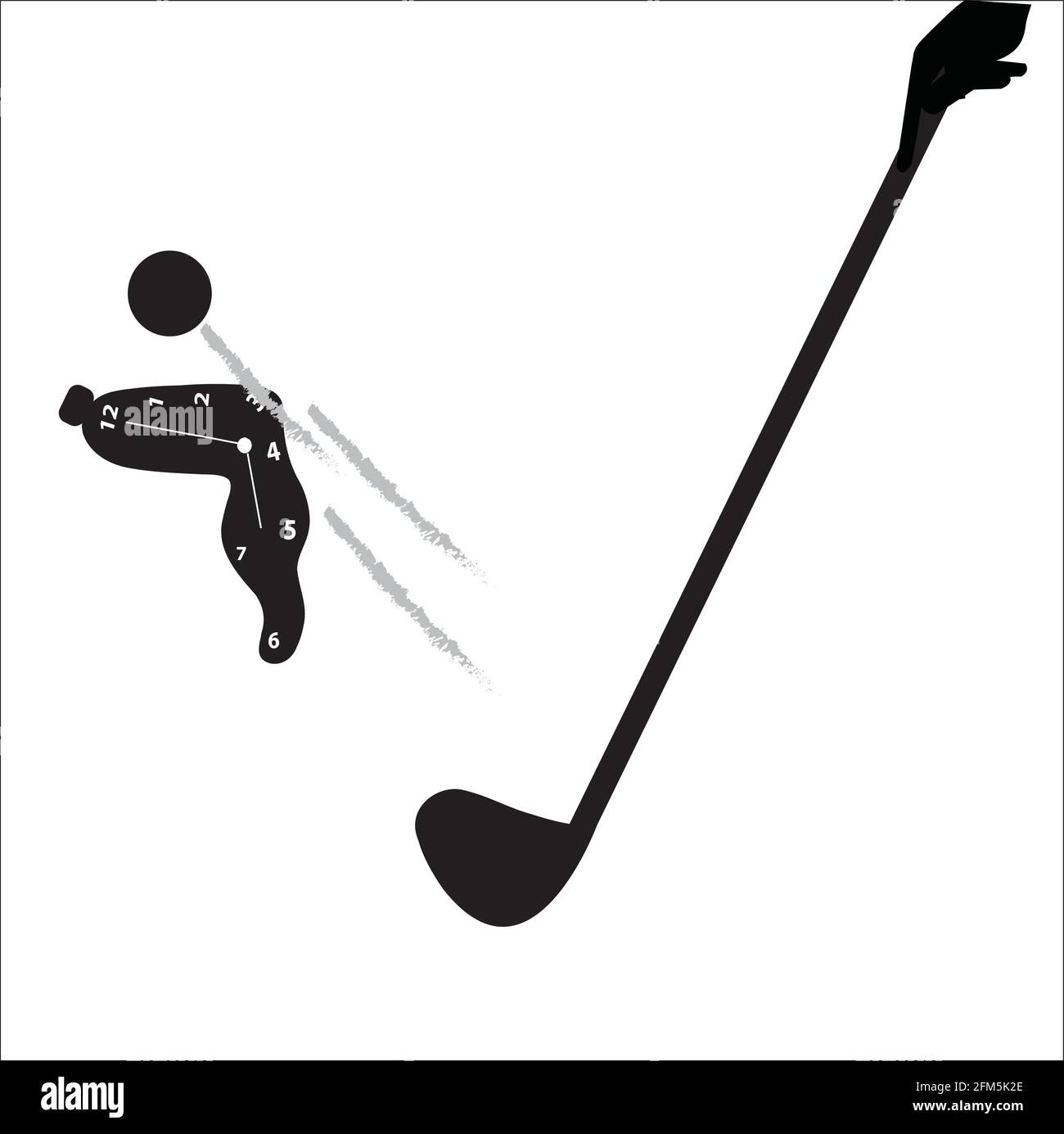 illustration of a melted clock hit by a golf ball, isolated on white