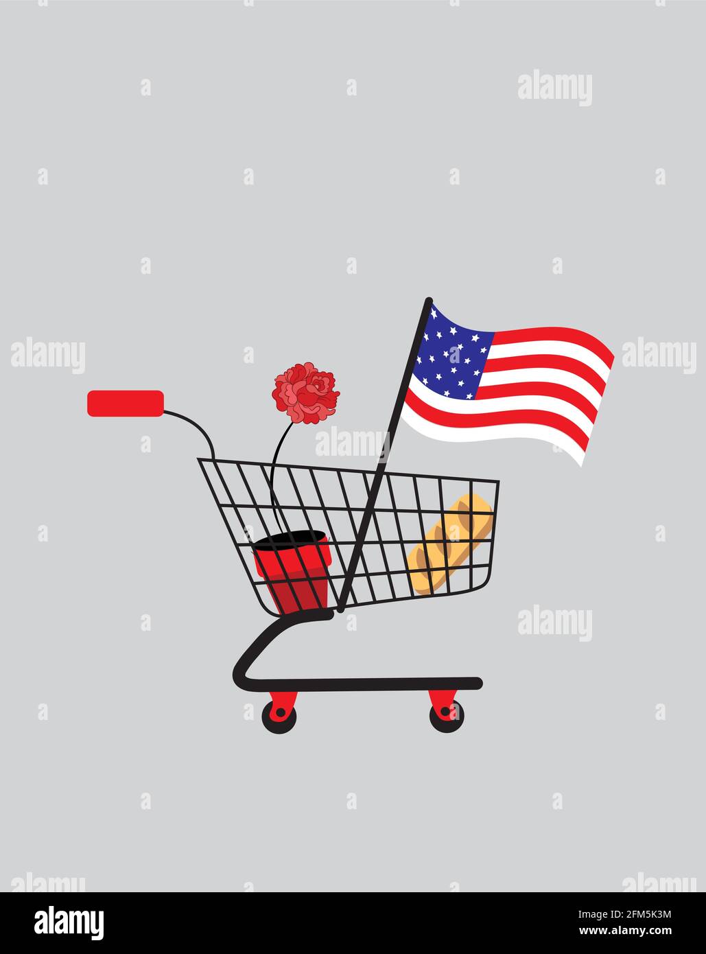 illustration of a supermarket basket with the american flag, a bread and a rose in it to symbolize idealism and poverty at the same time Stock Vector