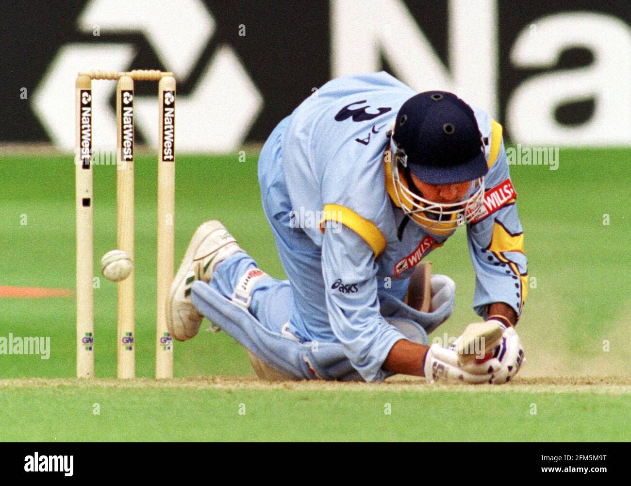 Cricket World Cup 1999 India v New Zealand Super Six Group   Ajay Jadeja falls over trying to play a ball bowled from Allot as the Kiwis go on to win and book a place in the World Cup Semi Finals Stock Photo