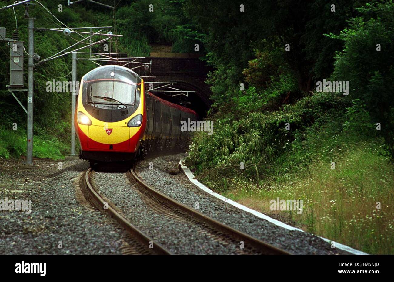 TWO OF VIRGINS NEW PENDOLINO TRAINS AT A PRESS LAUNCH NR MELTON MOWBRAY. Stock Photo