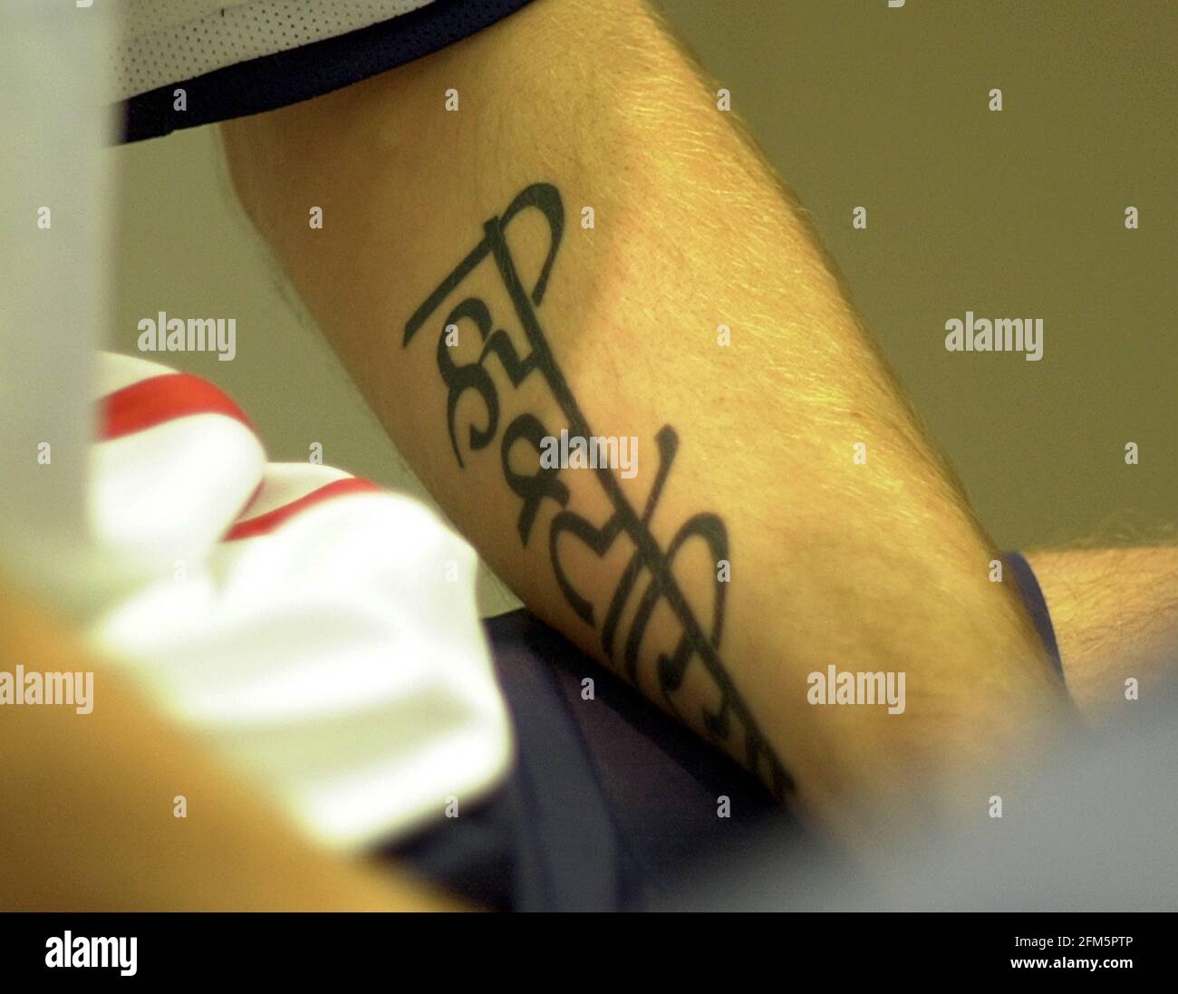 David Beckham Launch of the New England Football Strip 2001 Tattoo can be seen on David Beckhams