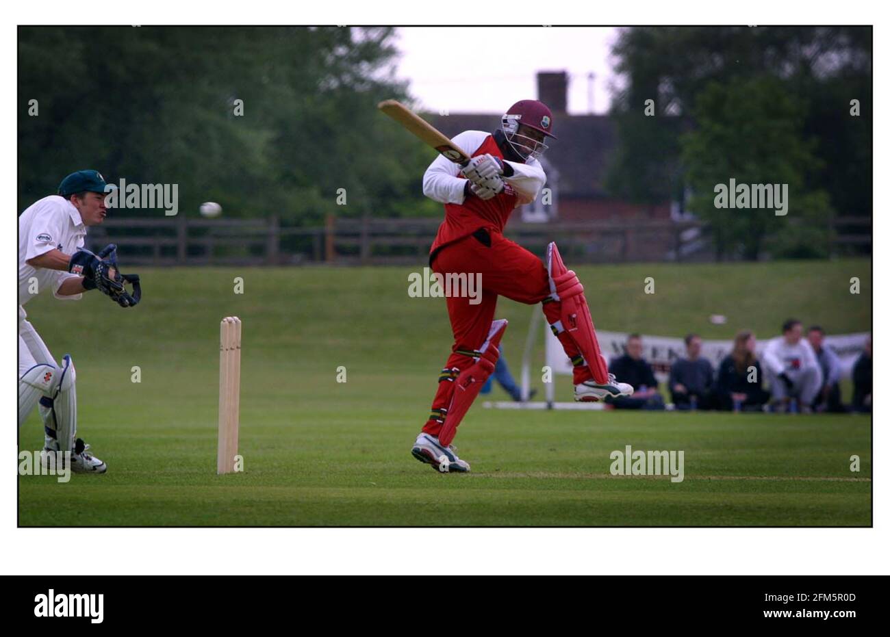 West Indies' batsman Brian Lara plays cricket May 2001 for pub team Lashings against the University of Kent at Canterbury University Sports Ground, Kent. Stock Photo