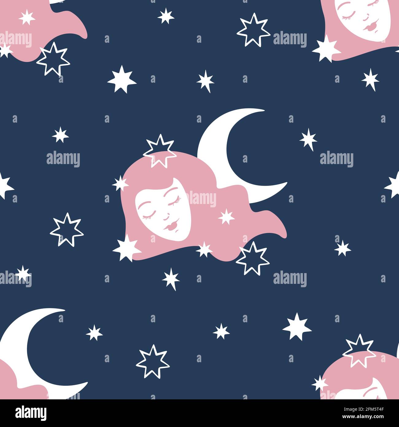 Vector seamless pattern with face of sleeping woman among the stars and crescent. Vector design for sleepwear or wallpaper. Stock Vector