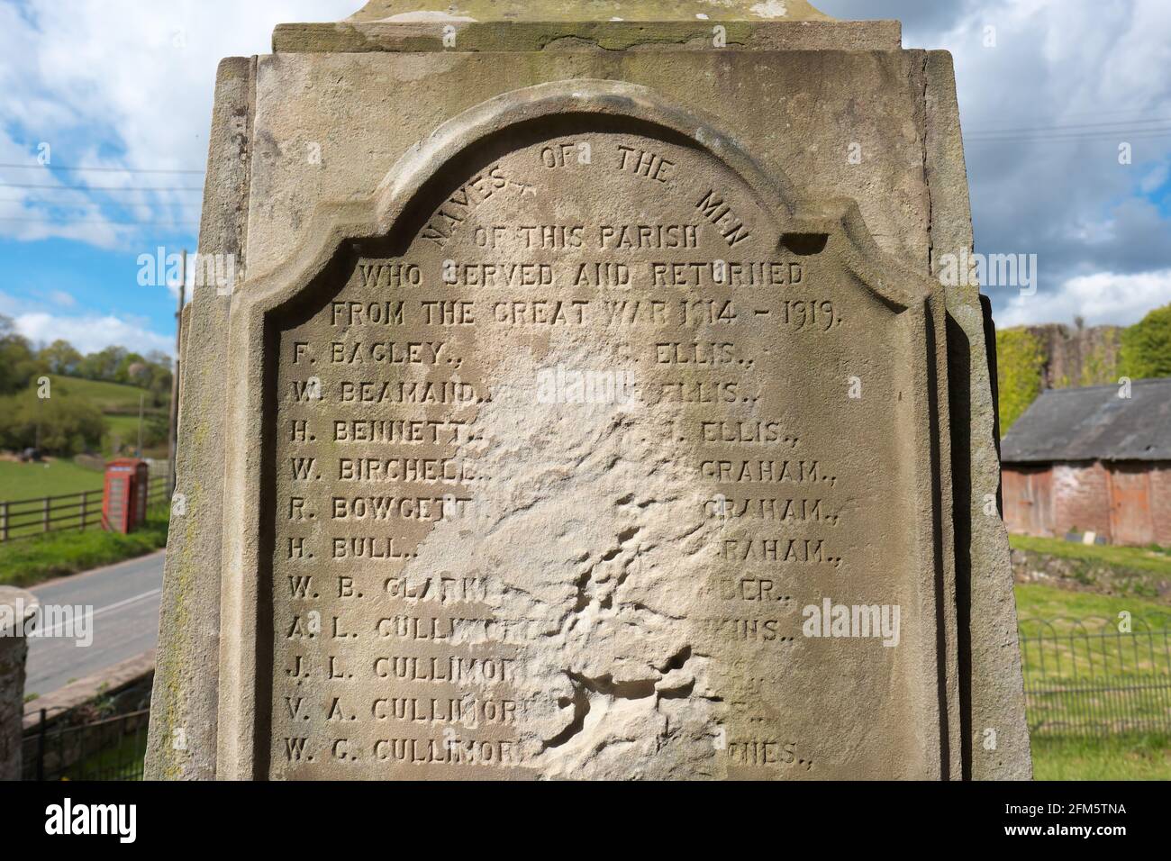 War memorial in Skenfrith Wales showing signs of stone weathering and erosion May 2021 Stock Photo