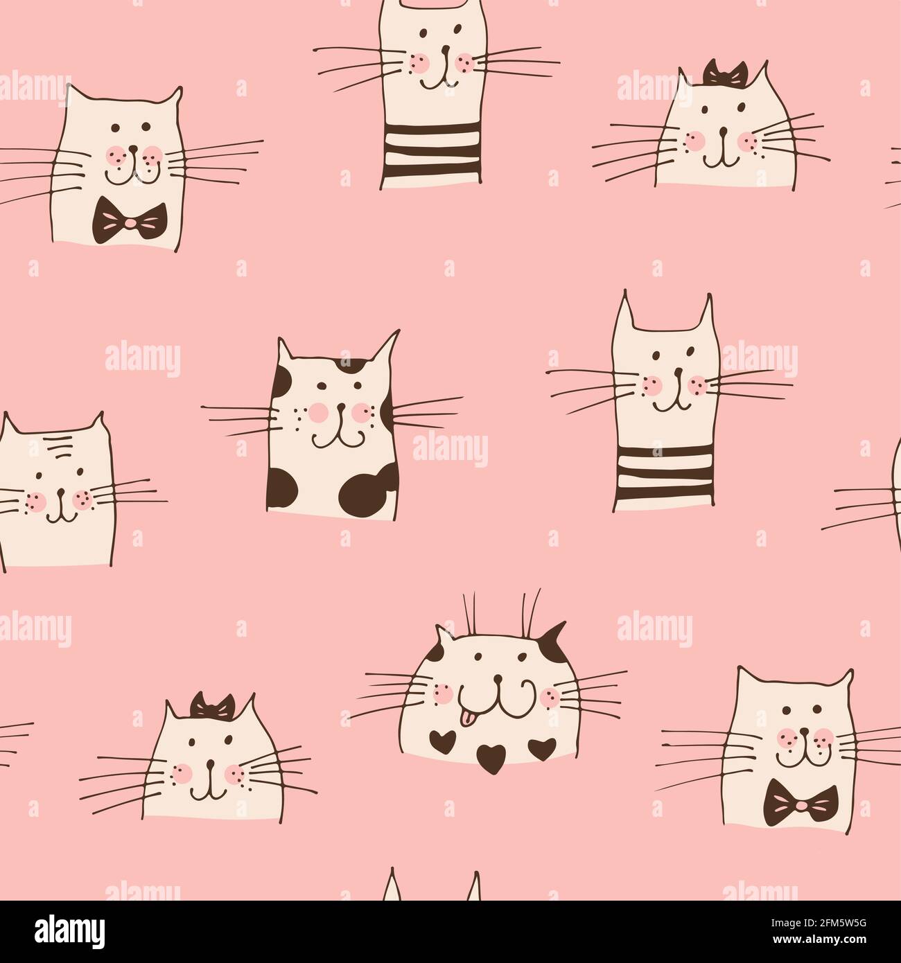Cat faces vector seamless pattern, hand drawn cats isolated on pink background Stock Vector