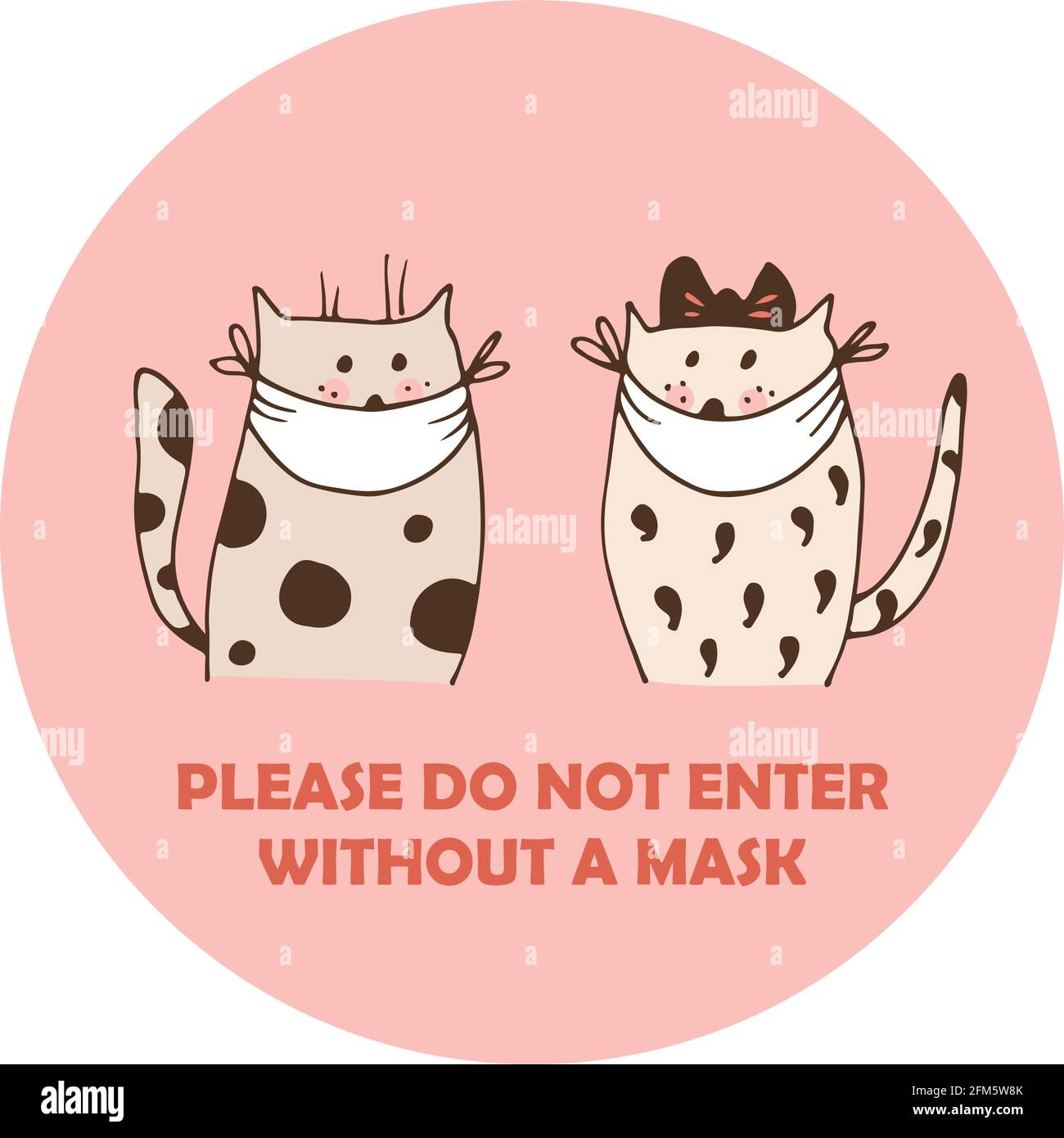 Two cats in face masks vector illustration, isolated on pink background with text Please do not enter without a mask Stock Vector