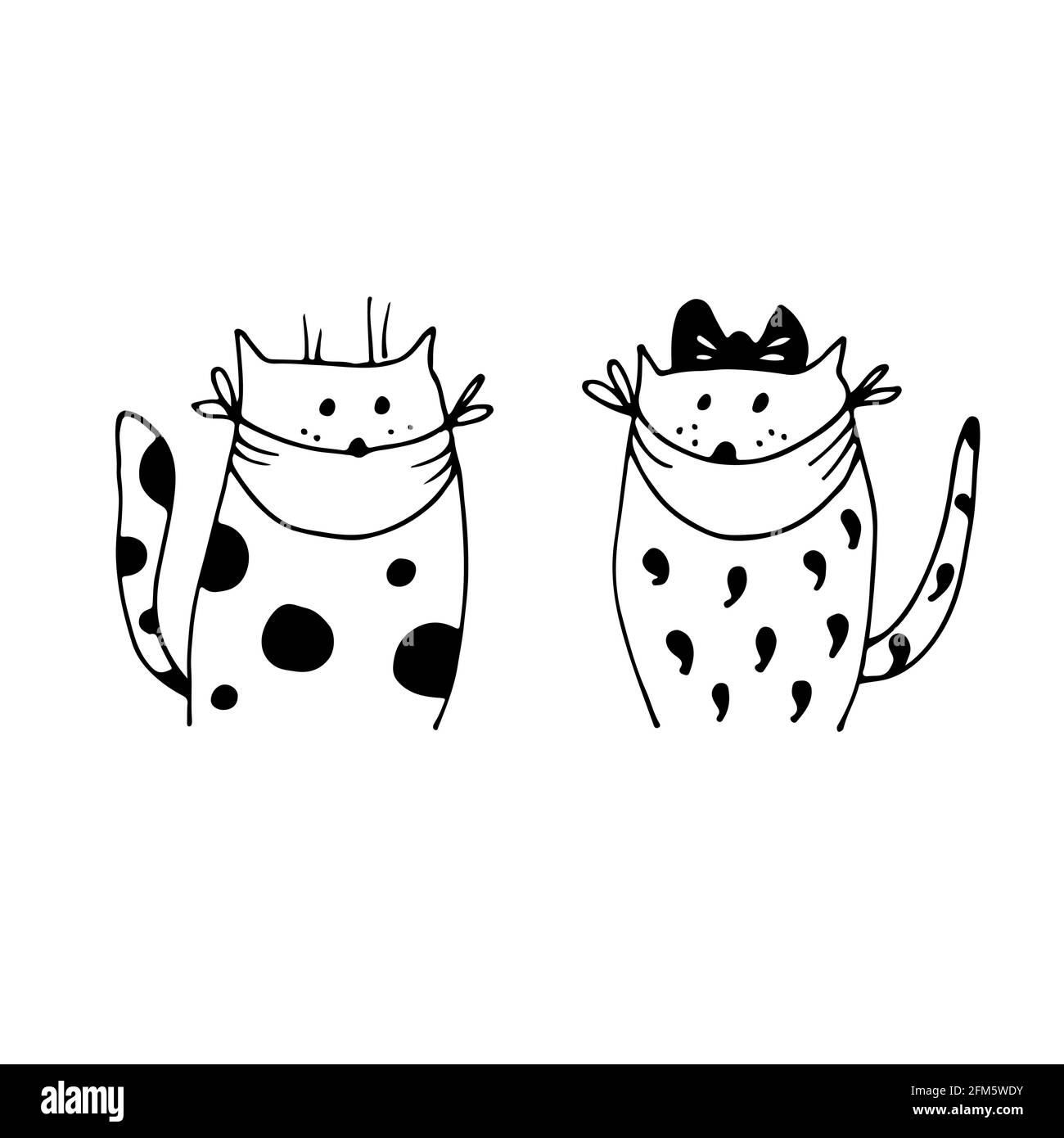 Two cats in face masks vector illustration, isolated on white background Stock Vector