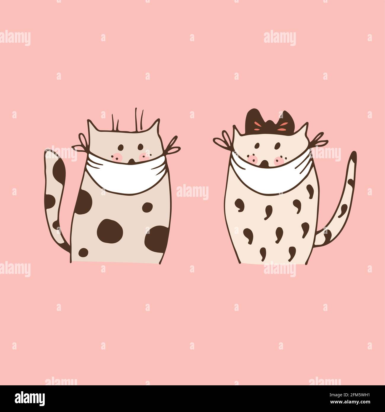 Two cats in face masks vector illustration, isolated on pink background Stock Vector