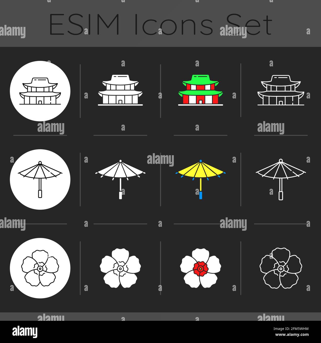 Korean traditions dark theme icons set Stock Vector