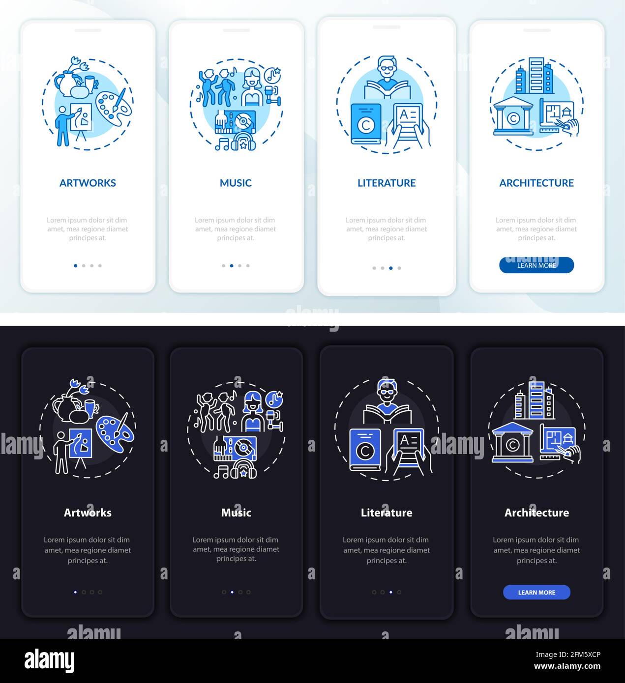 Copyright items onboarding mobile app page screen with concepts Stock Vector